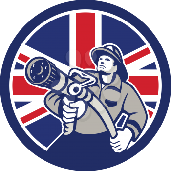 Icon retro style illustration of a British firefighter or fireman holding a fire hose front view  with United Kingdom UK, Great Britain Union Jack flag set inside circle on isolated background.