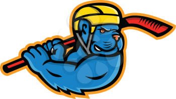 Sports mascot icon illustration of an American bully dog with ice hockey stick  viewed from side on isolated background in retro style.