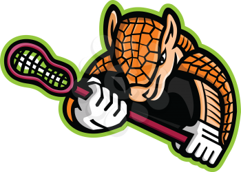 Mascot icon illustration of an Armadillo, a placental mammal in the order Cingulata with a leathery armor shell, holding a lacrosse stick viewed from side on isolated background in retro style.