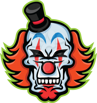 Mascot icon illustration of skull of a white-face clown with red hair wearing a small top hat viewed from front on isolated background in retro style.