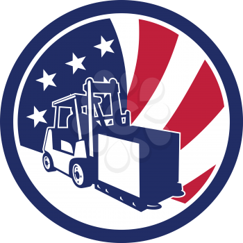 Icon retro style illustration of an American logistics operations with forklift truck and United States of America USA star spangled banner or stars and stripes flag inside circle isolated background.