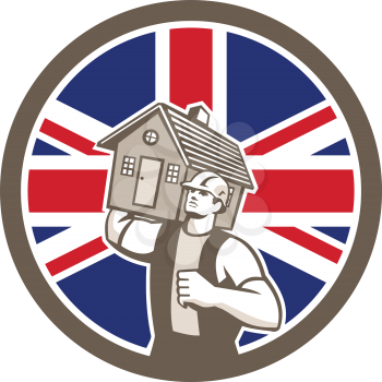 Icon retro style illustration of a British house removal or mover carrying a house with United Kingdom UK, Great Britain Union Jack flag set inside circle on isolated background.