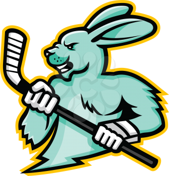 Mascot icon illustration of head of a hare, jackrabbit or rabbit ice hockey player holding an ice hockey stick viewed from side on isolated background in retro style.
