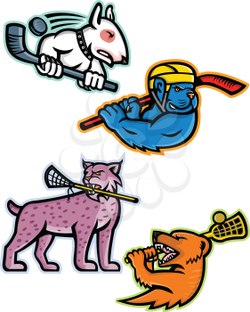 Mascot icon illustration set of  lacrosse and ice hockey sporting sports team mascots like an bull terrier and American bully dog ice hockey player, lynx or bobcat and mongoose lacrosse isolated background in retro style.