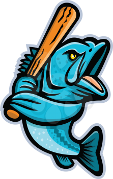 Mascot icon illustration of a largemouth bass, bucketmouth or bigmouth bass with baseball bat batting viewed from side on isolated background in retro style.