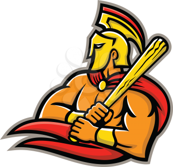 Mascot icon illustration of head of a Trojan or Spartan warrior wearing a helmet and holding a baseball bat viewed from side on isolated background in retro style.