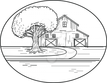 Mono line illustration of an American farm house or barn with oak tree on the side and road leading up to it set inside oval shape   done in monoline style.
