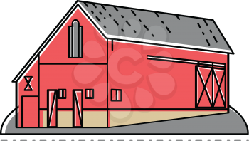 Mono line illustration of a red farm house, farmhouse or barn building viewed from side done in monoline style.