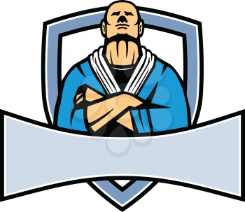 Mascot icon illustration of a Brazilian Jiu Jitsu or Gracie Jujutsu master with arms folded viewed from font set inside shield or crest on isolated background in retro style.