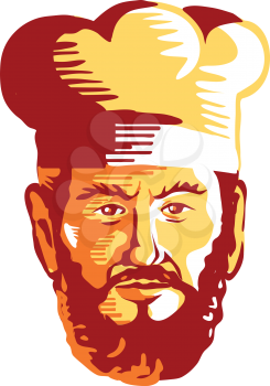 Retro style illustration of had of a hipster cook, chef or baker with beard or facial hair viewed from front on isolated background.