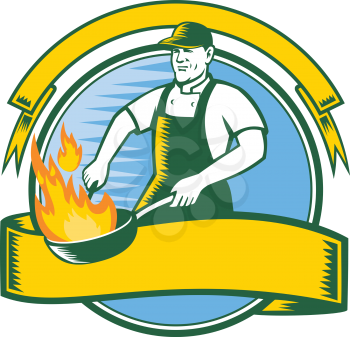 Mascot icon illustration of a cook or chef cooking with flaming pan or wok set inside circle with ribbon and banner viewed from front in retro style on isolated background in retro style.
