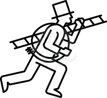 Mono line illustration of a chimney sweep or sweeper, a person who clears ash and soot from chimneys, carrying a ladder and boiler brush done in monoline black and white style.