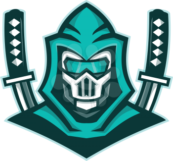Mascot icon illustration of head of a cyborg ninja or cybernetic organism, with samurai sword viewed from front on isolated background in retro style.