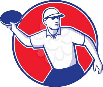 Mascot icon illustration  of an disc golf player throwing a flatball or frisbee set inside circle shape viewed from side on isolated background in retro style.
