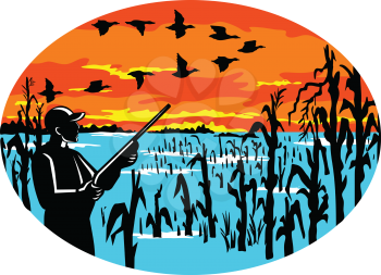 Mascot icon illustration of a duck hunter with rifle in flooded cornfield shooting at a formation of geese viewed from side set inside oval on isolated background in retro style.