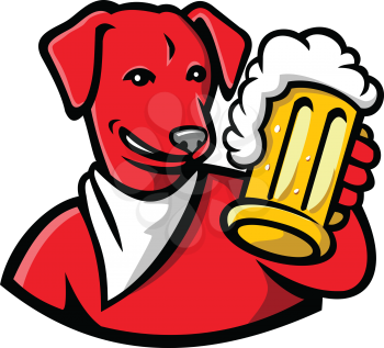 Sports mascot icon illustration of head of a red English Lab or Labrador dog holding a beer mug toasting  viewed from front on isolated background in retro style.