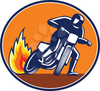 Mascot icon illustration of a motorcycle rider riding bike, flat track racing or dirt track racing viewed from front set inside oval shape on isolated background in retro style.