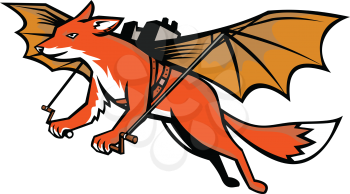 Mascot icon illustration of a flying fox strapped with mechanical wings in full flight  viewed from side  on isolated background in retro style.