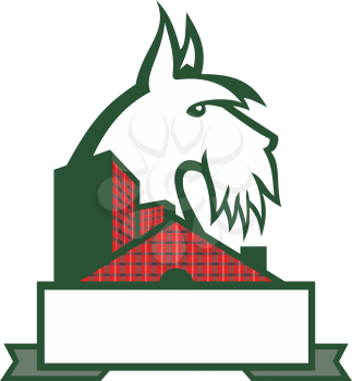 Sports mascot icon illustration of head of a Scottish Terrier, Aberdeen Terrier or Scottie dog viewed from side with tartan plaid cladded building or house on isolated background in retro style.
