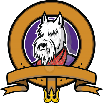 Sports mascot icon illustration of head of a Scottish Terrier, Aberdeen Terrier or Scottie dog wearing tartan plaid scarf bandana with Scot belt loop in round shape on isolated background in retro style.