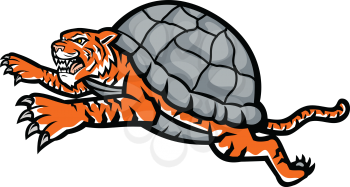 Mascot icon illustration of head of a Turtle Tiger, a tiger that is half turtle with shell leaping jumping  viewed from side on isolated background in retro style.