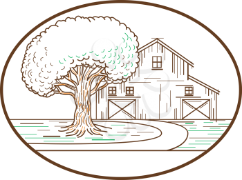Mono line illustration of an American farm barn house with oak tree in front set inside oval shape done in monoline style.