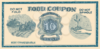 Drawing sketch style illustration of a vintage American food coupon or Food stuff ration on isolated white background.