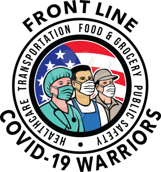 Mascot icon illustration of American medical professional, nurse, doctor, healthcare, soldier or essential worker wearing mask with USA stars and stripes flag with words Front Line Covid-19 Warriors.