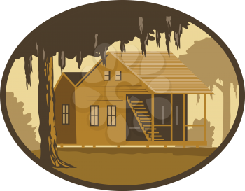 Retro wpa style illustration of a typical Cajun house, a country French architecture found in Louisiana and across the American southeast, maritime Canadian areas set in oval on isolated background.