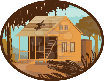 Retro wpa style illustration of a typical Cajun house, a country French architecture found in Louisiana and across the American southeast and alligator or gator set inside oval on isolated background.