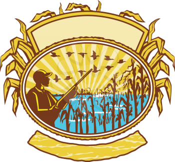 Retro style illustration of a bird or duck hunter with rifle in flooded cornfield with corn stalks set inside oval shape with banner and sunburst on isolated white background.