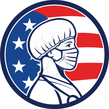 Mascot icon illustration of an American female nurse, medical professional, doctor, healthcare worker wearing a surgical mask and bouffant cap side with USA stars and stripes flag in retro style.