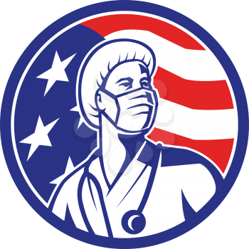 Mascot icon illustration of an American female nurse, healthcare professional or medical doctor, wearing a surgical mask looking up with USA stars and stripes flag set in circle done in retro style.