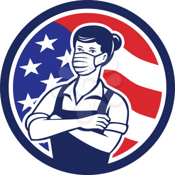 Illustration of a female American grocer, supermarket or grocery worker wearing a surgical face mask and overalls arms folded with USA stars and stripes flag set inside circle done in retro style. 