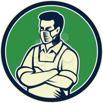 Mascot illustration of a food worker, grocery, supermarket,  front line or essential worker, wearing an apron and face mask as a hero set inside circle retro woodcut style.