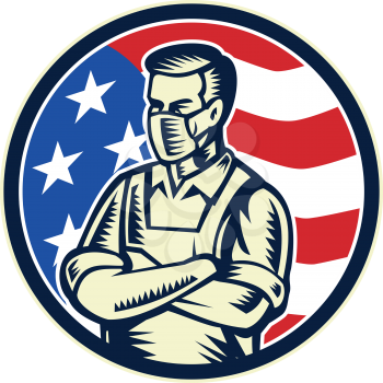 Mascot illustration of a food worker, grocery, supermarket,  front line or essential worker, wearing an apron and face mask as a hero with USA stars and stripes flag set in circle retro woodcut style.
