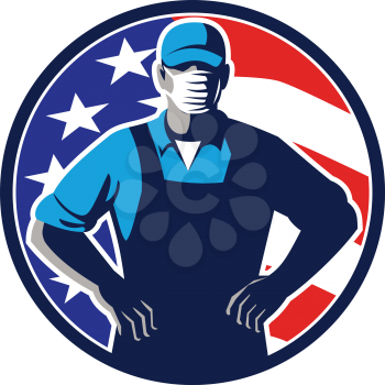 Illustration of an American supermarket, grocer or grocery worker wearing a surgical face mask, hat and overalls arms folded with USA stars and stripes flag set in circle done in retro style. 