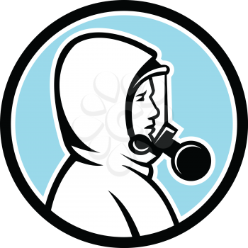 Mascot icon illustration of a healthcare worker, medical professional, nurse or industrial worker wearing a respiratory protective equipment, RPE viewed from side set in circle done in retro style.