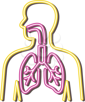 Retro style illustration showing a 1990s neon sign light signage lighting of a human respiratory system on isolated background.