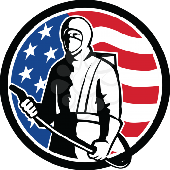 Illustration of an American industrial worker, healthcare, essential or pest exterminator wearing a respiratory protective equipment, ready to spray disinfectant standing with USA flag set in circle.
