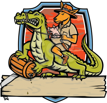 Mascot icon illustration of a Australian outback kangaroo with pig in pouch riding a crocodile or croc holding a beer barrel set inside shield or crest isolated background in retro style.