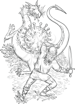 Drawing sketch style illustration of a brave medieval knight fighting an angry aggressive dragon guarding coronavirus or covid-19 cell on isolated white background in black and white.
