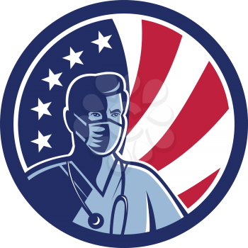 Mascot icon illustration of bust of an American male nurse,medical professional, doctor, healthcare worker wearing a surgical mask with USA stars and stripes flag set in circle done in retro style.