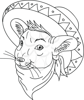 Cartoon style illustration of a Mexican chinchilla wearing a sombrero and bandana on isolated background done in black and white.