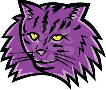 Sports mascot icon illustration of head of a Norwegian Forest Cat, a breed of domestic cat originating in Northern Europe viewed from front on isolated background in retro style.