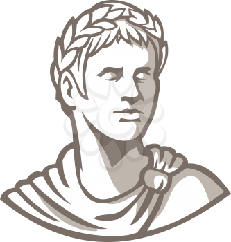 Mascot icon illustration of bust of an ancient Roman emperor, senator or Caesar, ruler of the Roman Empire during the imperial period wearing crown of laurel leaves on isolated background retro style.