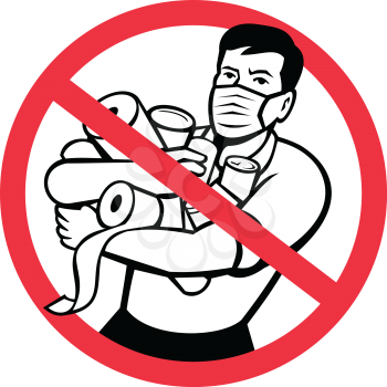 Icon retro style illustration of sign or symbol of stop panic buying showing a male shopper buying toilet paper and canned goods during lockdown on isolated background.