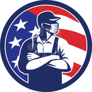 Illustration of an American grocer, supermarket or grocery worker wearing a surgical face mask, hat and overalls arms folded with USA stars and stripes flag set inside circle done in retro style. 