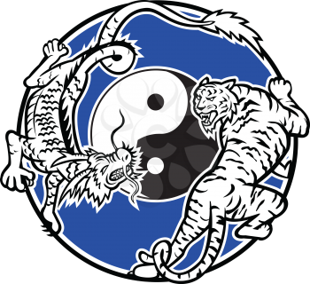 Mascot icon illustration of a tiger and Chinese dragon stalking and fighting with yin yang symbol in middle set inside circle on isolated background in retro style.