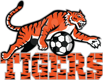 Mascot icon illustration of tiger dribbling a football or soccer ball with words tigers viewed from side on isolated background in retro style.
